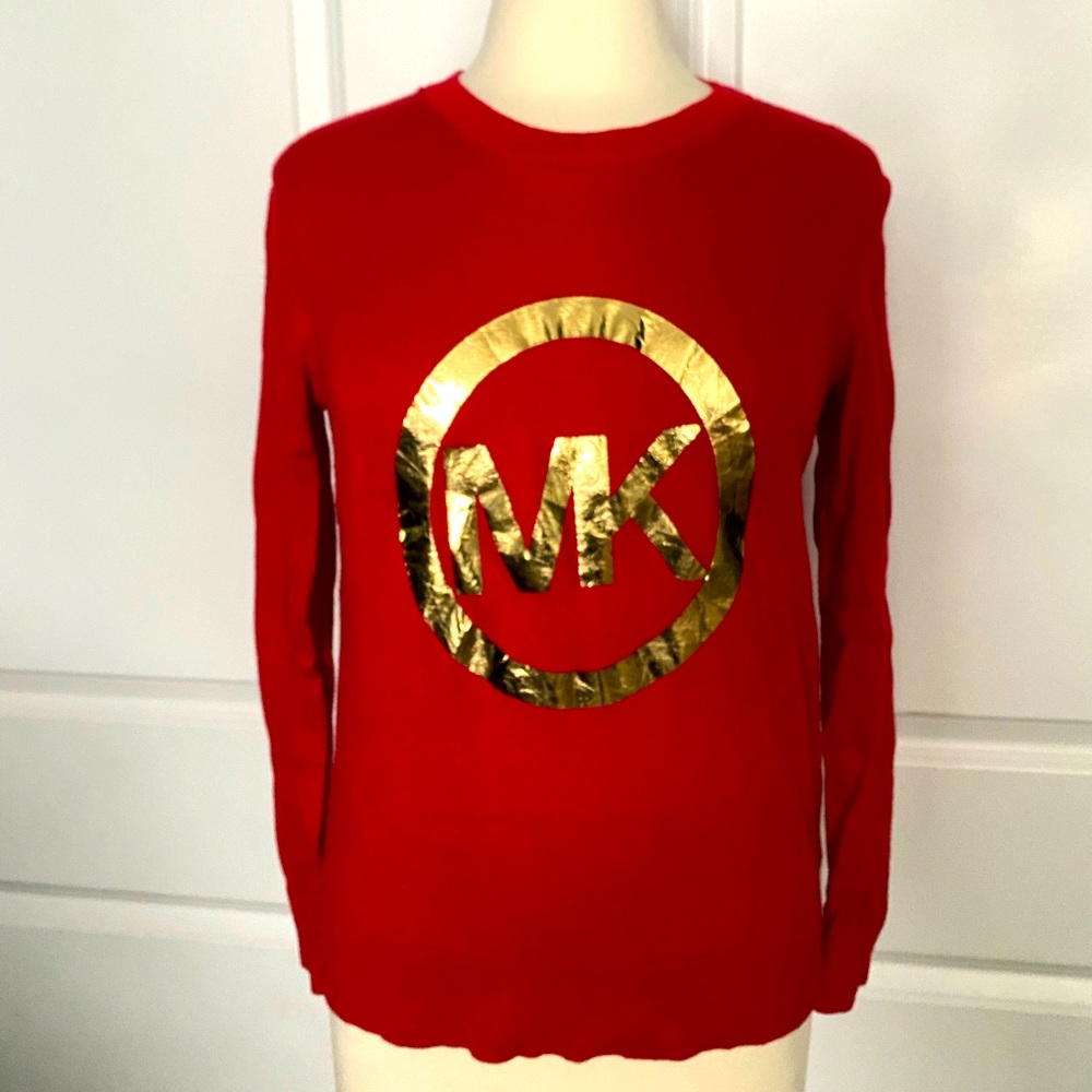 Michael Kors red thin crew neck sweater w/ gold metallic MK logo -size small